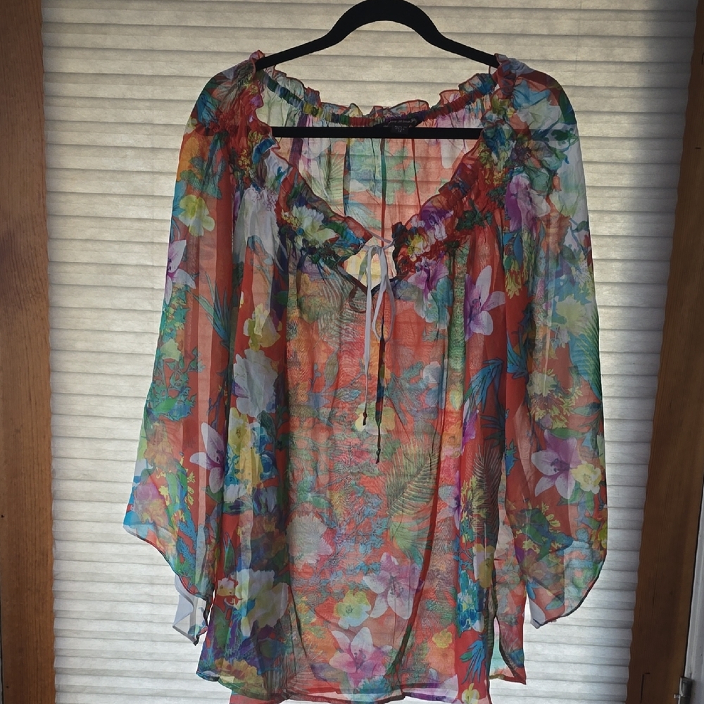 Sienna Rose Coral Floral Sheer Peasant Top